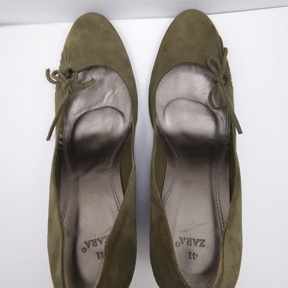 ZARA Olive Suede Curved Wedges Front Bow Detail EUC - Picture 6 of 8